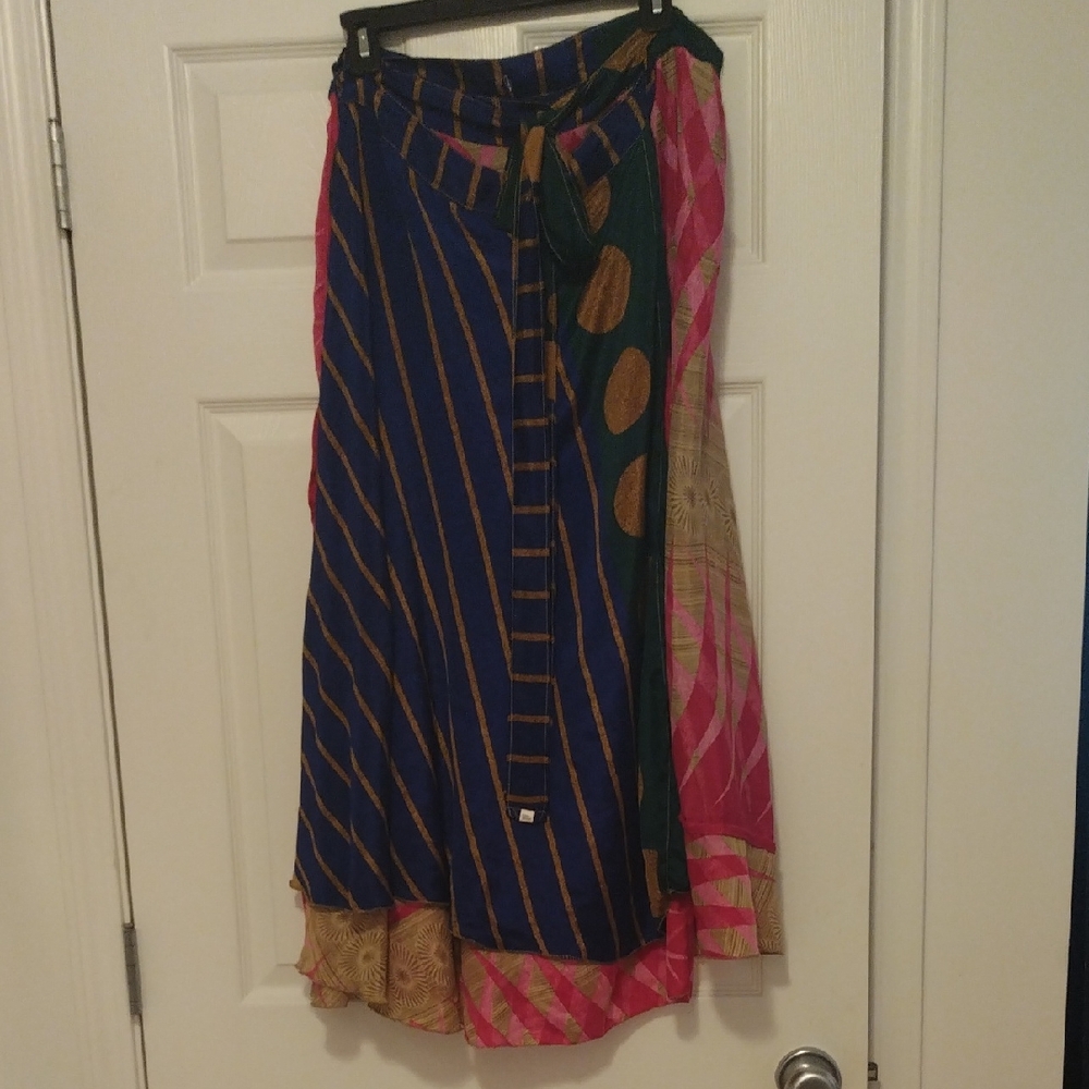 -Darn Good Yarn Vibrant Multicolor Sari Wrap Versatile Reversible Midi Skirt - Picture 2 of 6